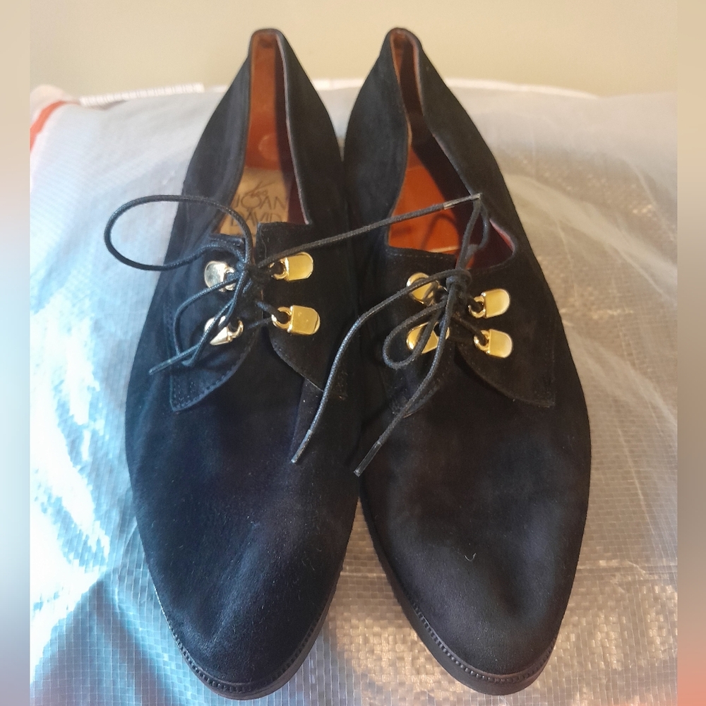 Joan & David Black Suede Oxfords with Gold Accents